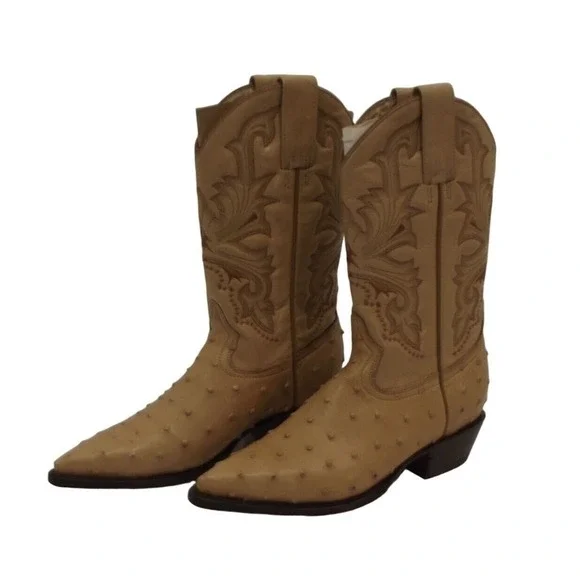 D'Jesus Women's 7 Men's 6 Ostrich Print Beige Tan Wedding Dance Western Cowboy